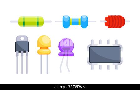 Übersichtlich angeordnete elektronische Bauteile auf weißem Hintergrund zeigen komplizierte Technologie und Schaltungen, von Widerständen bis Transistoren Stock Vektor