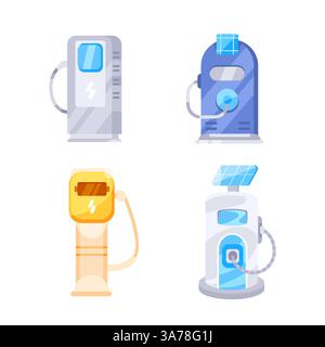 Vier Ladestationen für Elektrofahrzeuge bieten eine nachhaltige Energielösung für moderne Verkehrsmittel Stock Vektor