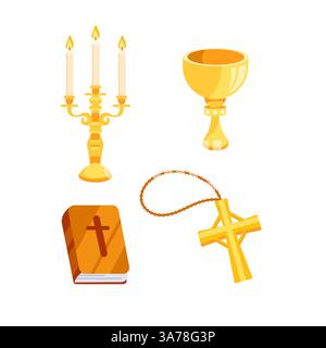 Goldene christliche religiöse Symbole mit Kreuz, Bibel, Leuchter und Kelch isoliert auf weißem Hintergrund Stock Vektor