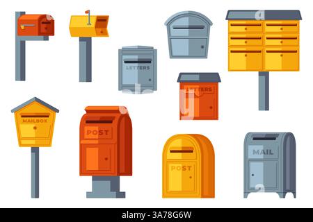 Sammlung verschiedener Postfächer und Postfächer mit verschiedenen Designs und Farben für den Empfang von Post und Korrespondenz Stock Vektor