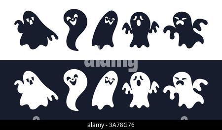 Eine Sammlung niedlicher Geister, die mit verschiedenen Gesichtsausdrücken schweben, schreien, lachen und lächeln Stock Vektor