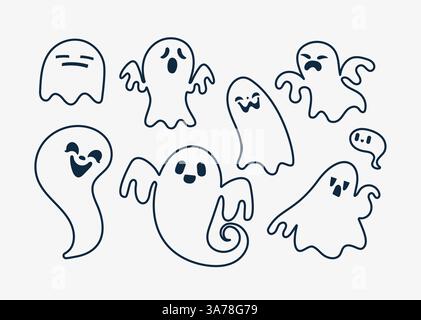 Strichkunst-Illustration von acht niedlichen Geistern mit verschiedenen Ausdrücken, die zu halloween herumschwebten Stock Vektor