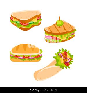 Verschiedene leckere Sandwiches und eine Packung mit frischen Zutaten, perfekt für ein schnelles und zufriedenstellendes Mittagessen Stock Vektor