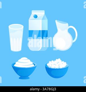 Illustration mit Milchprodukten in verschiedenen Behältern, Förderung einer gesunden und ausgewogenen Ernährung Stock Vektor