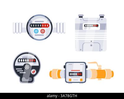 Es werden verschiedene Arten von Wasserzählern angezeigt, die die Menge des in einem Wohn- oder Gewerbegebiet verwendeten Wassers messen Stock Vektor