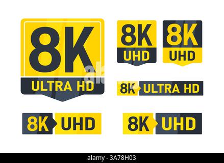 Set mit gelben und schwarzen 8K Ultra hd-Aufklebern, die das Fernsehbildformat zeigen Stock Vektor