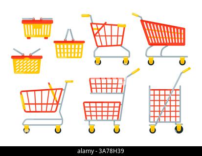 Satz leerer Supermarktwagen und Körbe zum Transportieren von Lebensmitteln beim Einkaufen isoliert auf weißem Hintergrund Stock Vektor