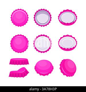Neun rosafarbene Flaschenverschlüsse liegen an verschiedenen Positionen, isoliert auf weißem Hintergrund Stock Vektor