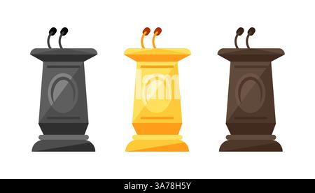 Set aus drei hölzernen Podesten mit Mikrofonen, ideal für Präsentationen, Konferenzen und öffentliche Vorträge Stock Vektor