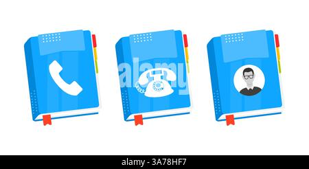 Drei blaue Telefonbücher, die eine Telefonbuch-Kontaktliste mit einem Symbol für den Kundendienst darstellen Stock Vektor