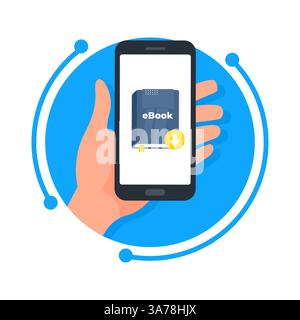 Die Hand hält ein Smartphone mit einem auf dem Bildschirm angezeigten E-Book und lädt es zum digitalen Lesen herunter Stock Vektor
