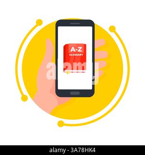 Die Hand hält ein Smartphone mit einer Wörterbuch-App und symbolisiert den Einsatz von Technologie zum Sprachenlernen und zum Aufbau von Vokabeln Stock Vektor