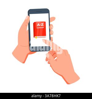 Hände, die ein Smartphone halten und ein Online-Glossar durchsuchen, mit einer mobilen App zum Lesen und Erlernen Stock Vektor