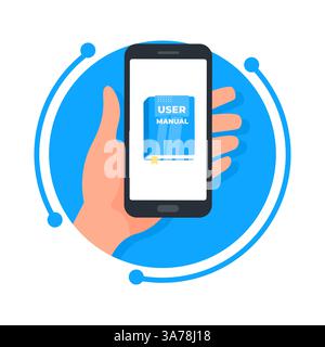 Die Hand hält ein Smartphone, zeigt ein Benutzerhandbuch auf dem Bildschirm, ein Konzept des Online-Lernens oder ein digitales Buch Stock Vektor