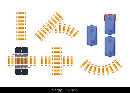 Satz von Eisenbahnelementen, die verschiedene Arten von Eisenbahnstrecken mit Querung und Zugwagen zeigen. Stock Vektor
