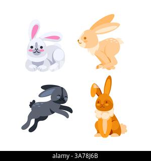 Vier süße Karikaturkaninchen, die hüpfen und sich entspannen Stock Vektor