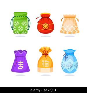 Sechs bunte Geldtaschen für Wohlstand und Wohlstand für chinesische Neujahrsfeiern. Stock Vektor