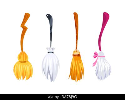 Vier Hexenbesen mit Holz- und Kunststoffgriffen, neu und gebraucht, stehend stehend, isoliert auf weiß. Stock Vektor