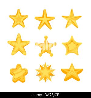 Set aus neun verschiedenen goldenen Sternen im Zeichentrickstil, die hell leuchten. Stock Vektor
