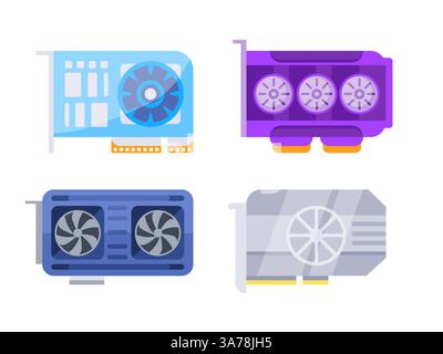 Satz von Grafikkarten, die verschiedene Kühllösungen zeigen. Stock Vektor