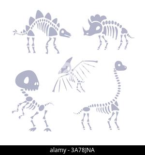 Set aus fünf Dinosaurierskeletten, die auf zwei Beinen stehen und Knochen sichtbar sind Stock Vektor
