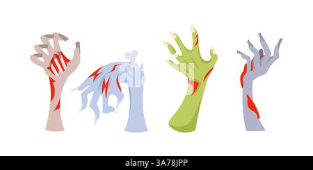 Vier Paar gruselige Zombiehände, die sich mit Blut für die halloween-Party erheben. Stock Vektor