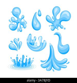Set aus blauen Wasserspritzern, die in verschiedenen Formen fließen und spritzen Stock Vektor