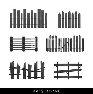 Holzzäune, die verschiedene Stile und zustände darstellen Stock Vektor