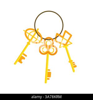Drei goldene Schlüssel hängen an einem Ring auf weißem Hintergrund Stock Vektor