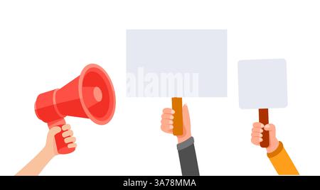 Leute mit leeren Protestzeichen und Lautsprechern Stock Vektor