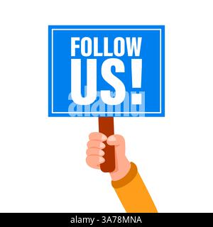Hand hält ein blaues Schild mit Follow US Text drauf Stock Vektor