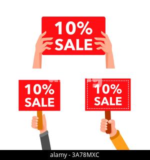 Hände mit roten Schildern für 10 Prozent Verkauf mit unterschiedlichen Hintergründen Stock Vektor