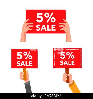 Hände, die rote 5-Prozent-Verkaufsschilder, Banner und Plakate in einer Set-Kollektion halten Stock Vektor