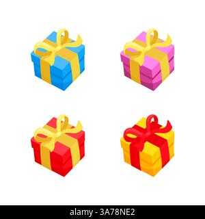 Vier farbenfrohe Geschenkboxen mit Bändern zu besonderen Anlässen Stock Vektor