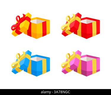 Vier bunte offene Geschenkboxen mit Bändern und Schleifen warten auf Geschenke Stock Vektor