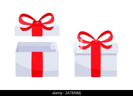 Weiße Geschenkboxen mit roten Bändern warten darauf, geöffnet zu werden Stock Vektor