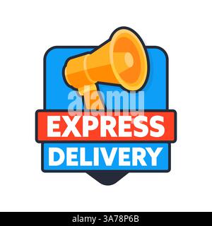 Express-Versand-Logo mit Megaphon, das eine Ankündigung macht Stock Vektor