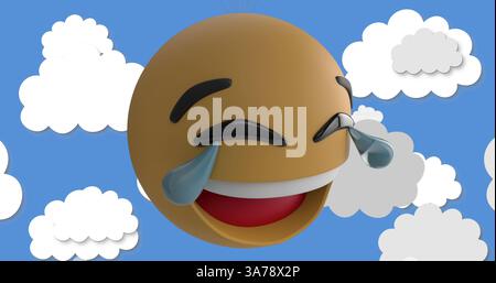 Bild eines lächelnden Emoji-Symbols mit Wolken auf blauem Hintergrund Stockfoto