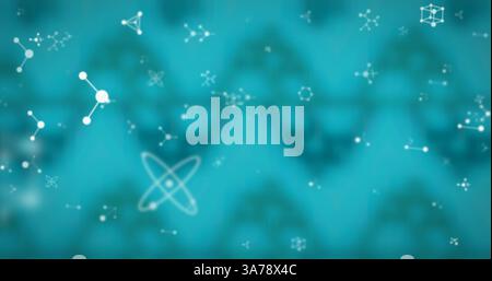 Digitales Bild molekularer Strukturen vor nahtlosem Musterdesign auf blauem Hintergrund Stockfoto