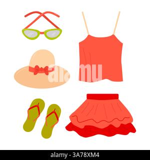 Sommer-Bekleidungsset Vector Sommer-Trend-Outfit. Oberteil Schieferrock Brille Hut. Design für Werbebanner Poster Webseite Werbematerial. Stock Vektor