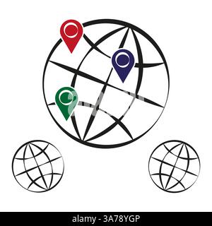 Globales Kartensymbol. Farbliche Positionierungsstifte. Vektor-Erdkugel. Einfache Positionsmarkierung. Stock Vektor