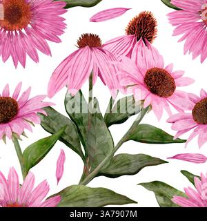 Dies ist ein atemberaubendes Aquarellgemälde, das rosafarbene Nadelbäume zeigt, umgeben von üppigem und lebendigem Grün. Handgezeichnetes nahtloses Aquarellmuster auf transparentem Hintergrund. Stockfoto