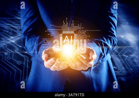 Künstliche Intelligenz. Geschäftsmann mit virtuellem Leiterplattenmuster mit KI-Abkürzung auf dunkelblauem Hintergrund, Nahaufnahme Stockfoto