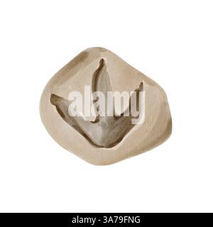 Dinosaurier-Fußabdruck auf Stein. Prähistorisches Fossil. Bei Ausgrabungen suchen. Paläontologie. Historisches Artefakt. Aquarellabbildung isoliert von Stockfoto