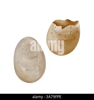 Dinosauriereier. Prähistorische Fossilien. Ganzes Ei und zerbrochen. Reptilien-Nachkommen. Relikt des Museums. Aquarellabbildung isoliert vom Hintergrund. Hand Stockfoto