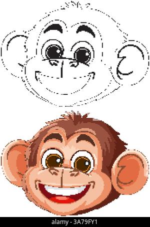 Vektor-Illustration eines lächelnden Affengesichts mit lebhaften Farben und auffälligen Umrissen, die verspielten und freundlichen Ausdruck zeigen Stock Vektor