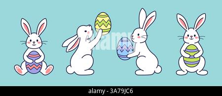 Osterzeichensatz. Hase, Hase, Hase mit bemaltem Ei. Flache Vektorkonstruktion, Umrissdarstellung. Osterfigur, Maskottchen, Aufkleber. Happy Easter Concept Kollektion Stock Vektor