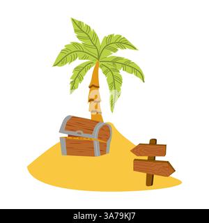 Schatztruhe am Sandstrand mit Palmen und Holzschildern. Stock Vektor