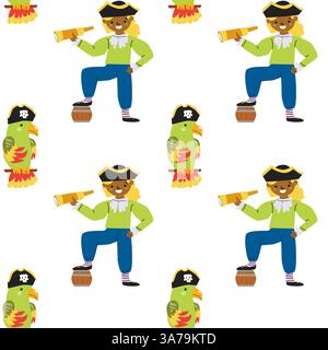 Karikatur-Piratenjunge mit Papageienmuster mit schwarzem Hut und Teleskop. Stock Vektor