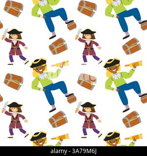 Zeichentrickfilm-Piratenabenteuer mit verschiedenen Charakteren und Schatzkisten. Stock Vektor